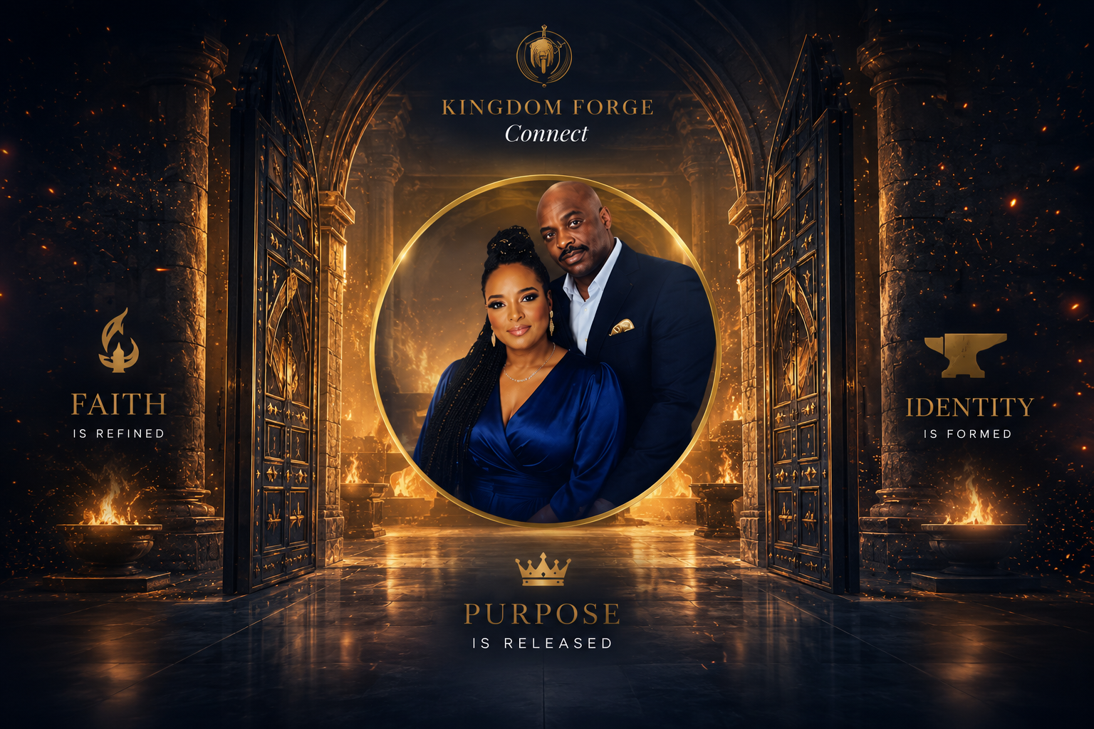 Kingdom Forge Connect — Apostles LaShea and Earl Hunter at the doorway of the Forge. Faith is refined. Identity is formed. Purpose is released.