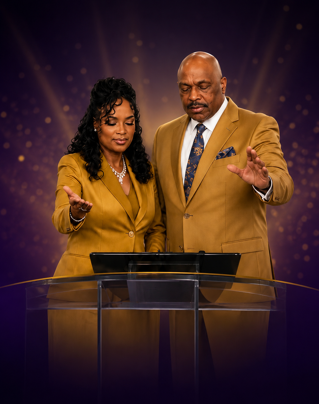 Apostles LaShea and Earl Hunter standing in worship at a glass pulpit